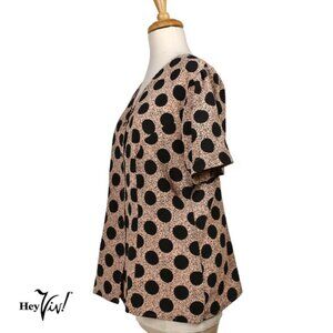 Vintage Blouse Pink and Black Polka Dot V Neck Flowy Button Up Size XL - Hey Viv